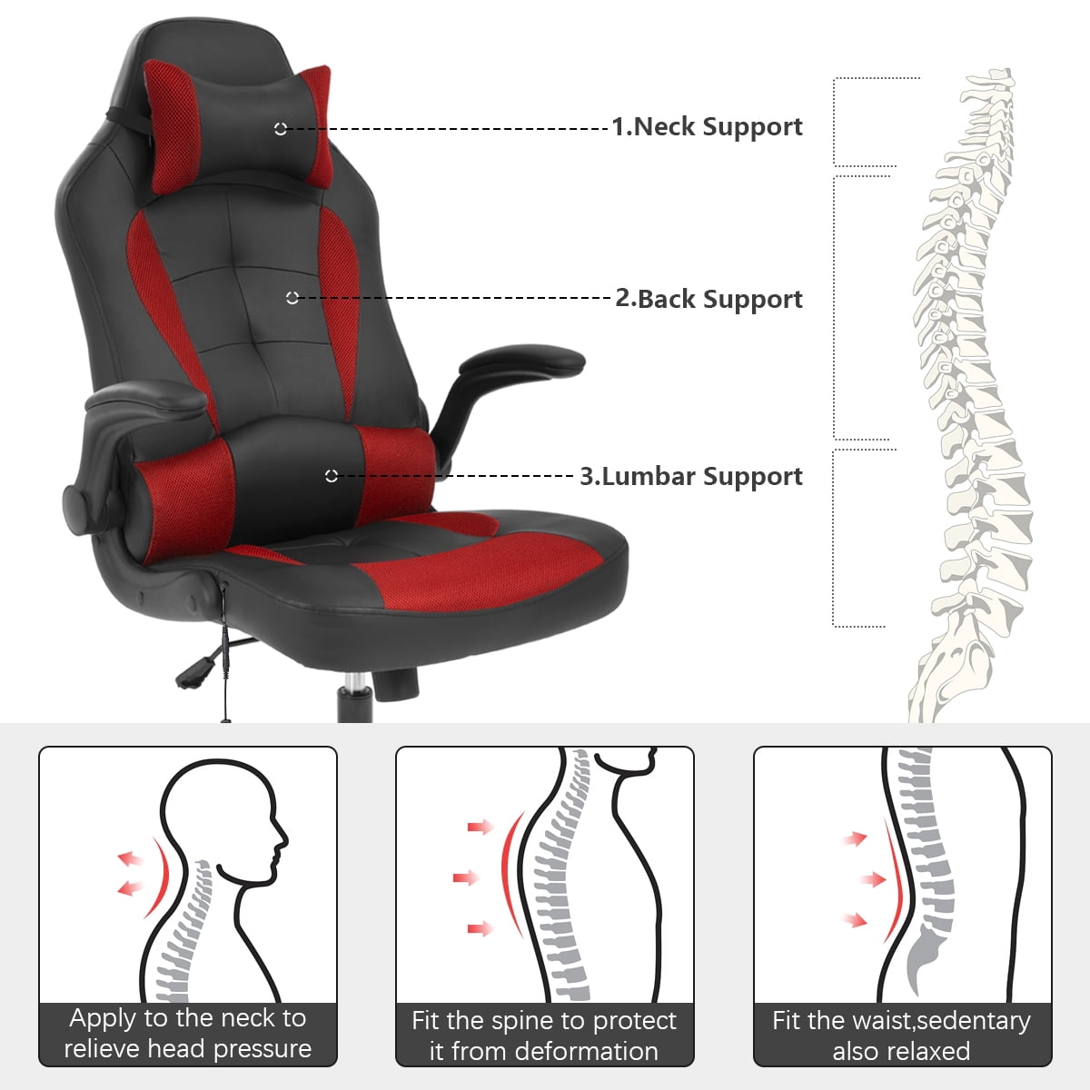 Dkelincs Video Game Chair Massage Gaming Chair PU Leather Racing Computer Chair Ergonomic Office Desk Chair with a Vibrator Lumbar Support, Headrest, Flip Up Armrest, Red