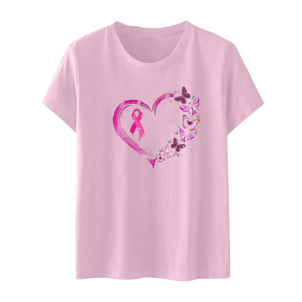 Tops Para Mujer, Camisas de Concientización Sobre El Cáncer de Mama Con Cinta, Blusas, Camiseta de Manga Corta Informal Con Estampado de Manga Corta Para Mujer, Camiseta de Cuello Redondo Odeerbi ODB152457