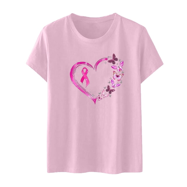 Tops Para Mujer, Camisas de Concientización Sobre El Cáncer de Mama Con Cinta, Blusas, Camiseta de Manga Corta Informal Con Estampado de Manga Corta Para Mujer, Camiseta de Cuello Redondo Odeerbi ODB152453