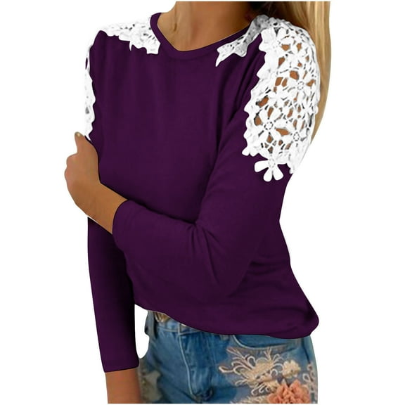 LYXSSBYX Long Sleeve Shirts for Women Women's Summer Casual Long Sleeve Blouse Round Neck Lace Tops T-Shirt