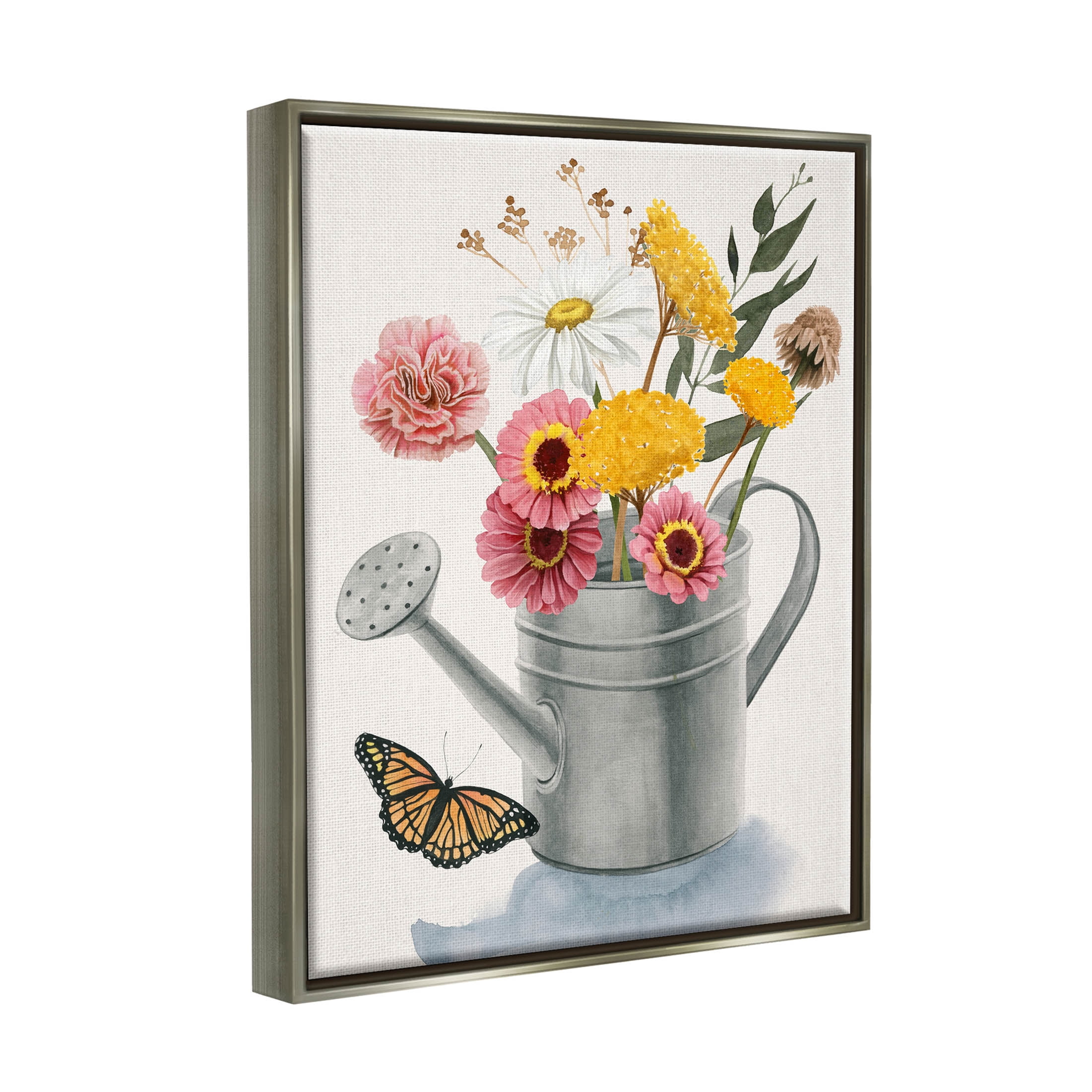 Stupell Industries Traditional Watering Can Flower Bouquet Painting Luster Gray Floating Framed Canvas Print Wall Art, Design by Grace Popp
