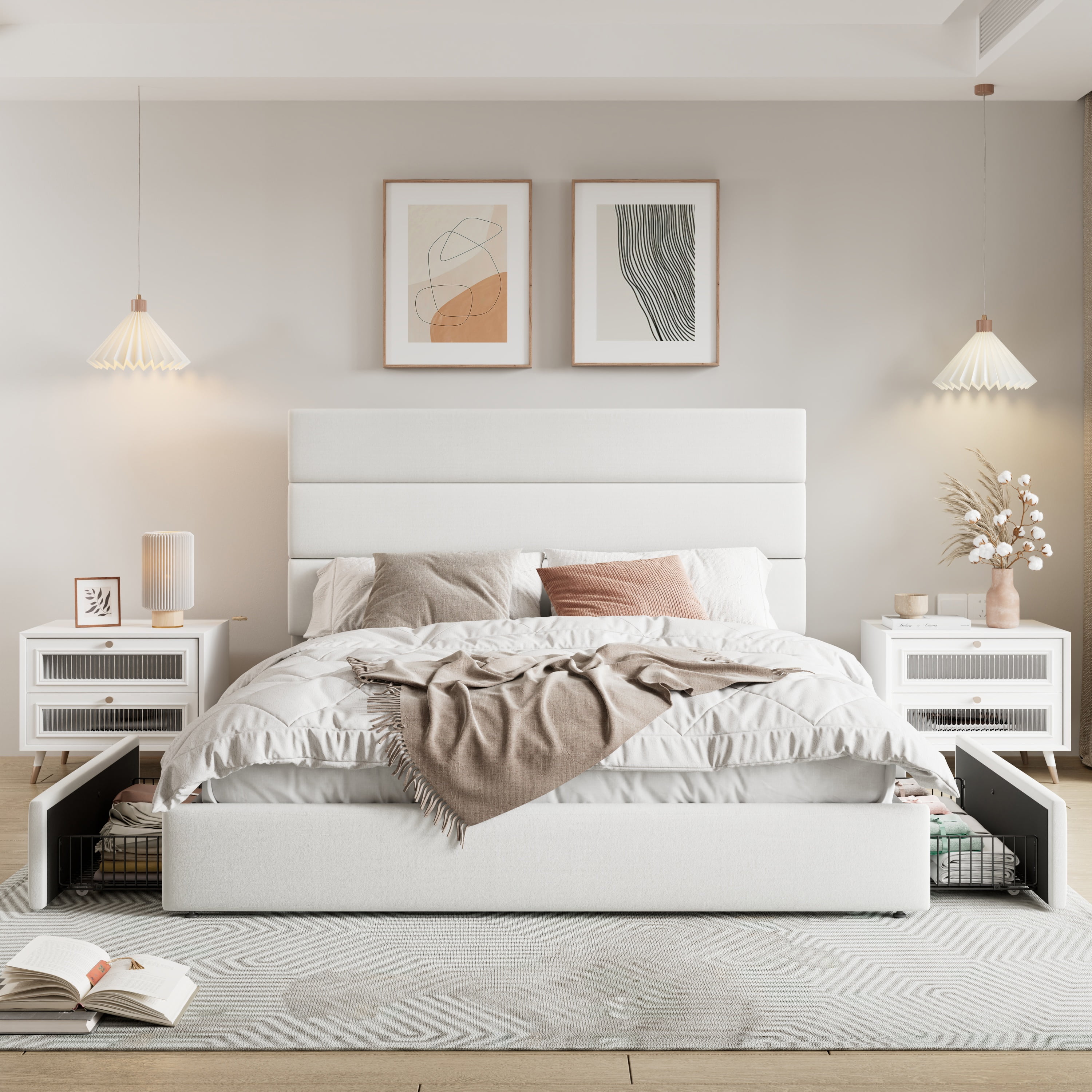 Allewie Modern Queen Size Platform Bed Frame with 4 Storage Drawers and Velvet Upholstered Headboard, Wooden Slats Support, White
