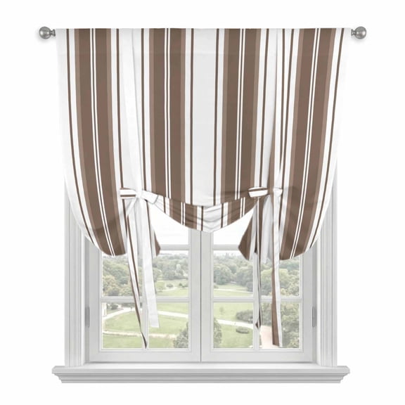 Brown Striped Tie Up Curtains for Kitchen Windows,Adjustable Rod Pocket Valance 45 Inch Short, Modern Thin Line Vertical Stripes Window Treatment Balloon Roman Blind Shade, 42" x 45"