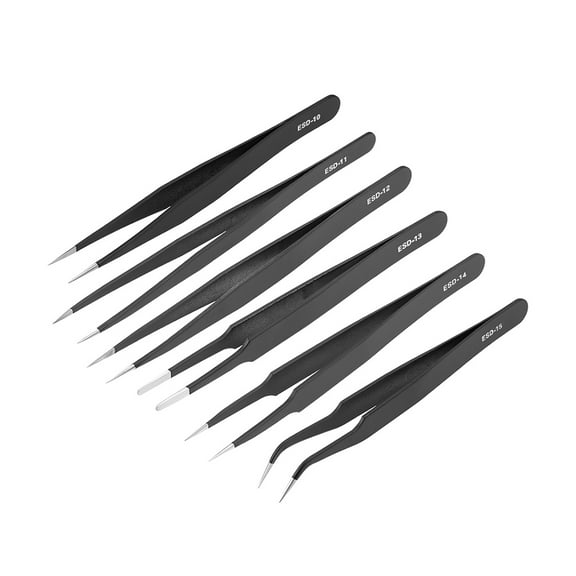 Uxcell ESD Precision Anti-Static Set Round Curved Pointed Tweezers Stainless Steel Black 6Pcs