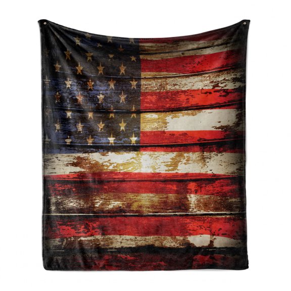 American Flag Soft Flannel Fleece Throw Blanket, Us over Old Rusty Tones Weathered Vintage Social Plank Artwork, Cozy Plush for Indoor and Outdoor Use, 50" x 60", Multicolor, by Ambesonne