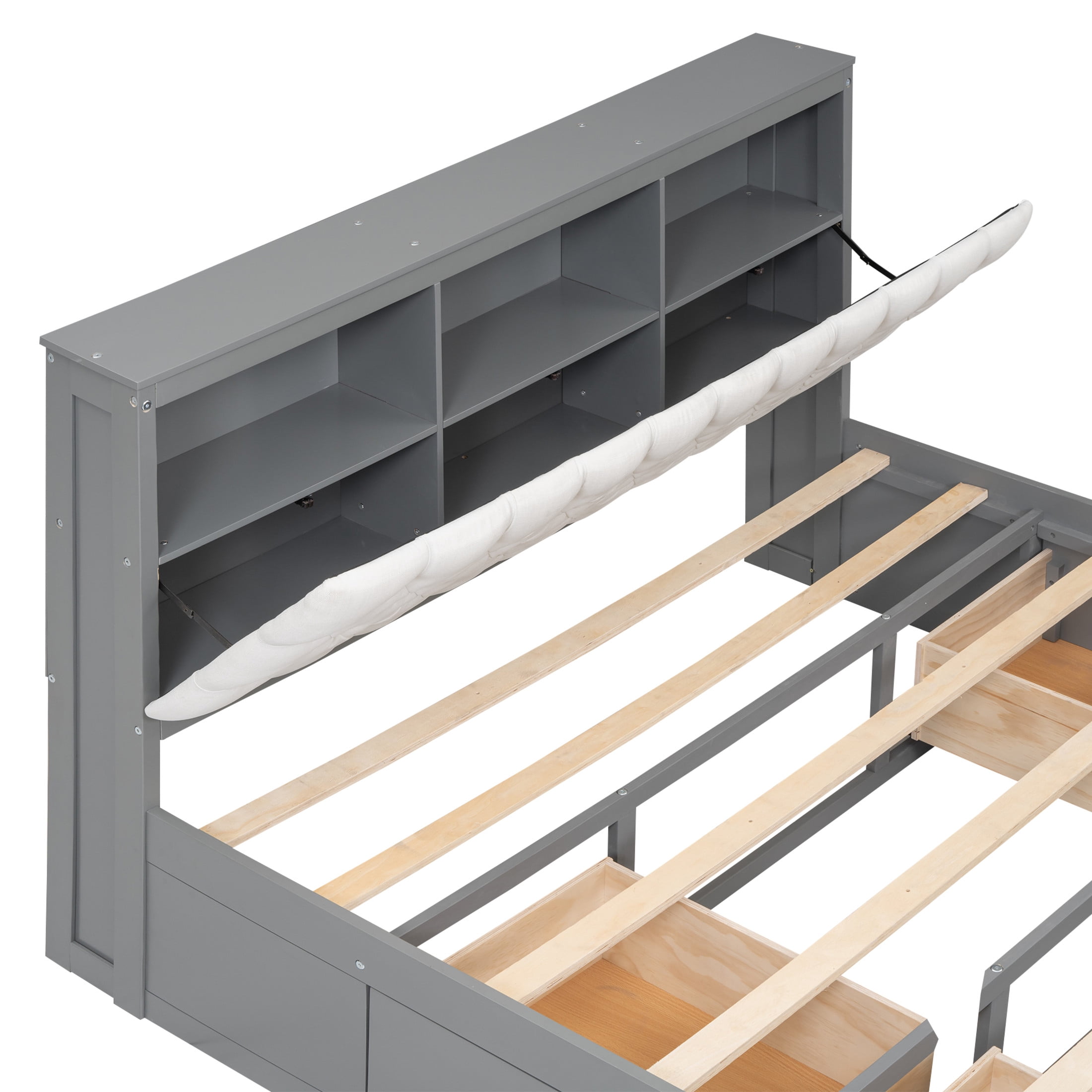 Noble House Norva Queen Size Wood Platform Bed, Storage Headboard with Integrated Drawers and Shoe Rack, Gray