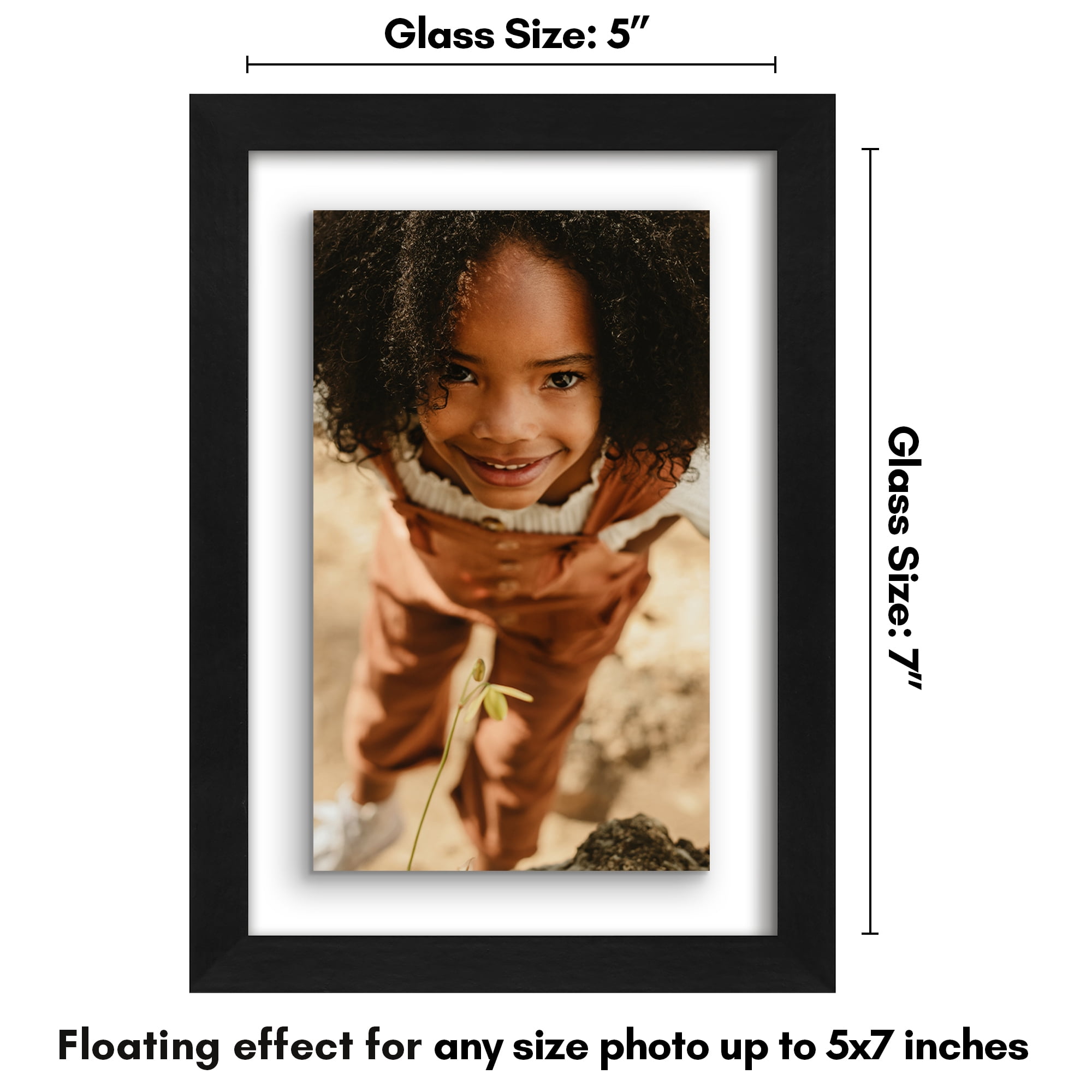 Americanflat 5x7 Picture Frame Floating Polished Crystal Clear Glass with 3x5 Mat Display Photo Signature Float - Black