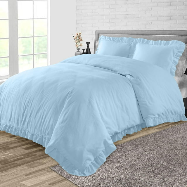 Dee's Collection Oversized King Size 3 Psc Microfiber Duvet Cover Trimmed Ruffle -Light Blue