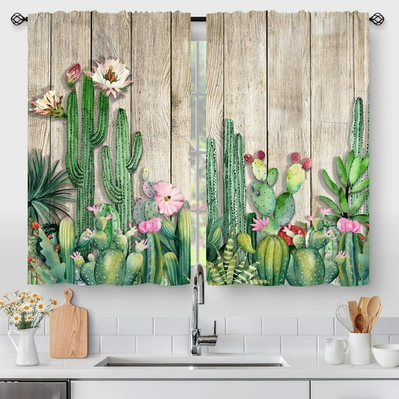 Rustic Farmhouse Cactus Flower Kitchen Curtains, Southwestern Country Wood Door Small Short Cafe Tier Curtains for Kitchen Decor Dining Room Rod Pocket Window Drapes 2 Panels 36x28 Inch