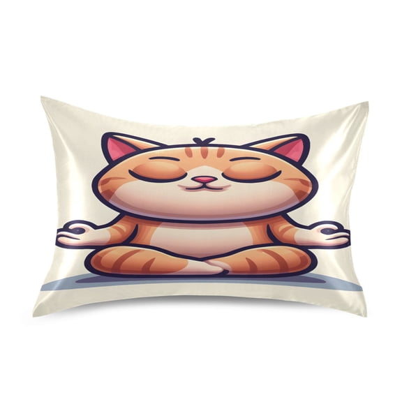 Satin Pillow Case Standard Silk Pillow Cover for Hair and Skin Envelope Closure Cartoon Yoga Cat 20"x26"