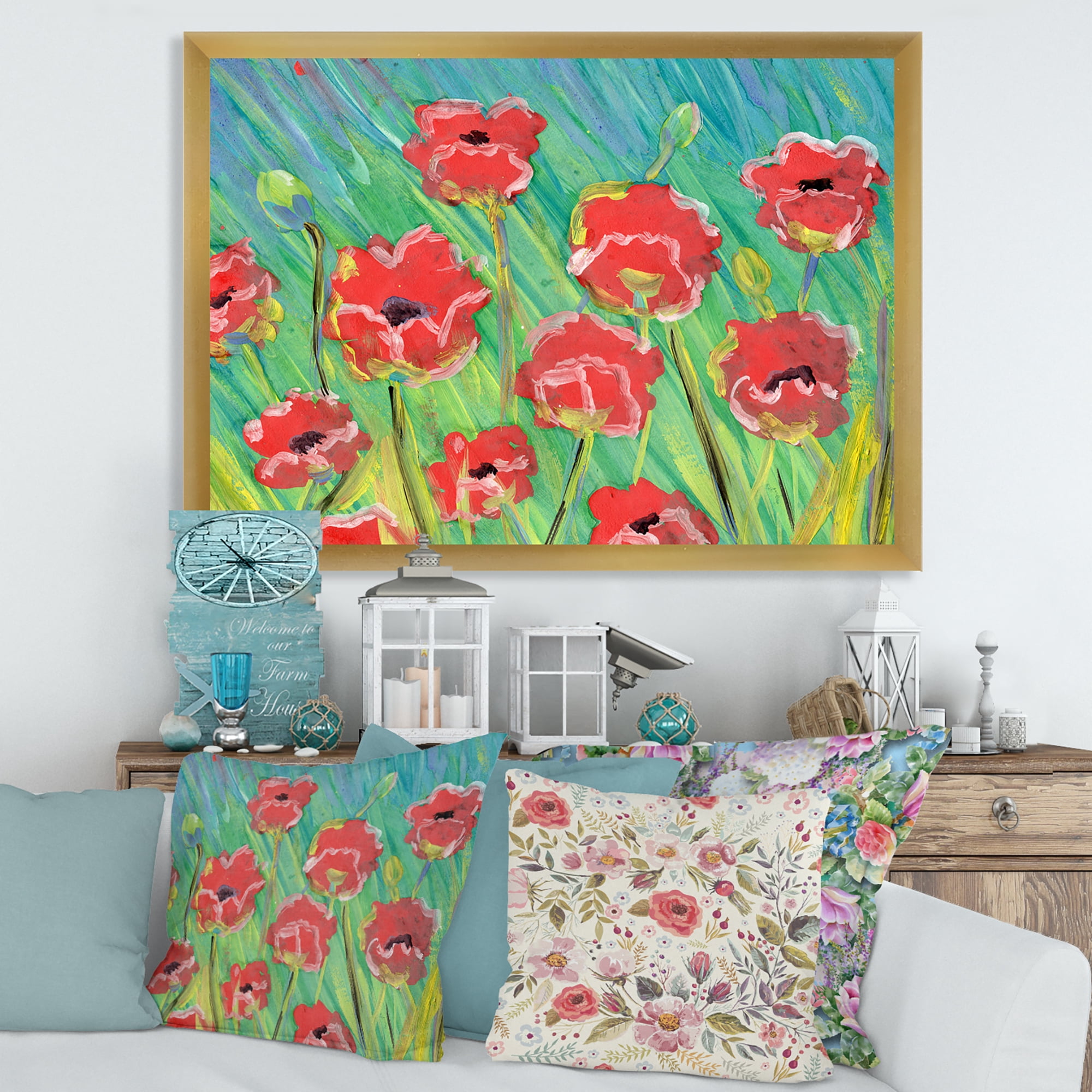 Designart 'Gouache Of Blooming Red Poppies' Traditional Framed Art Print