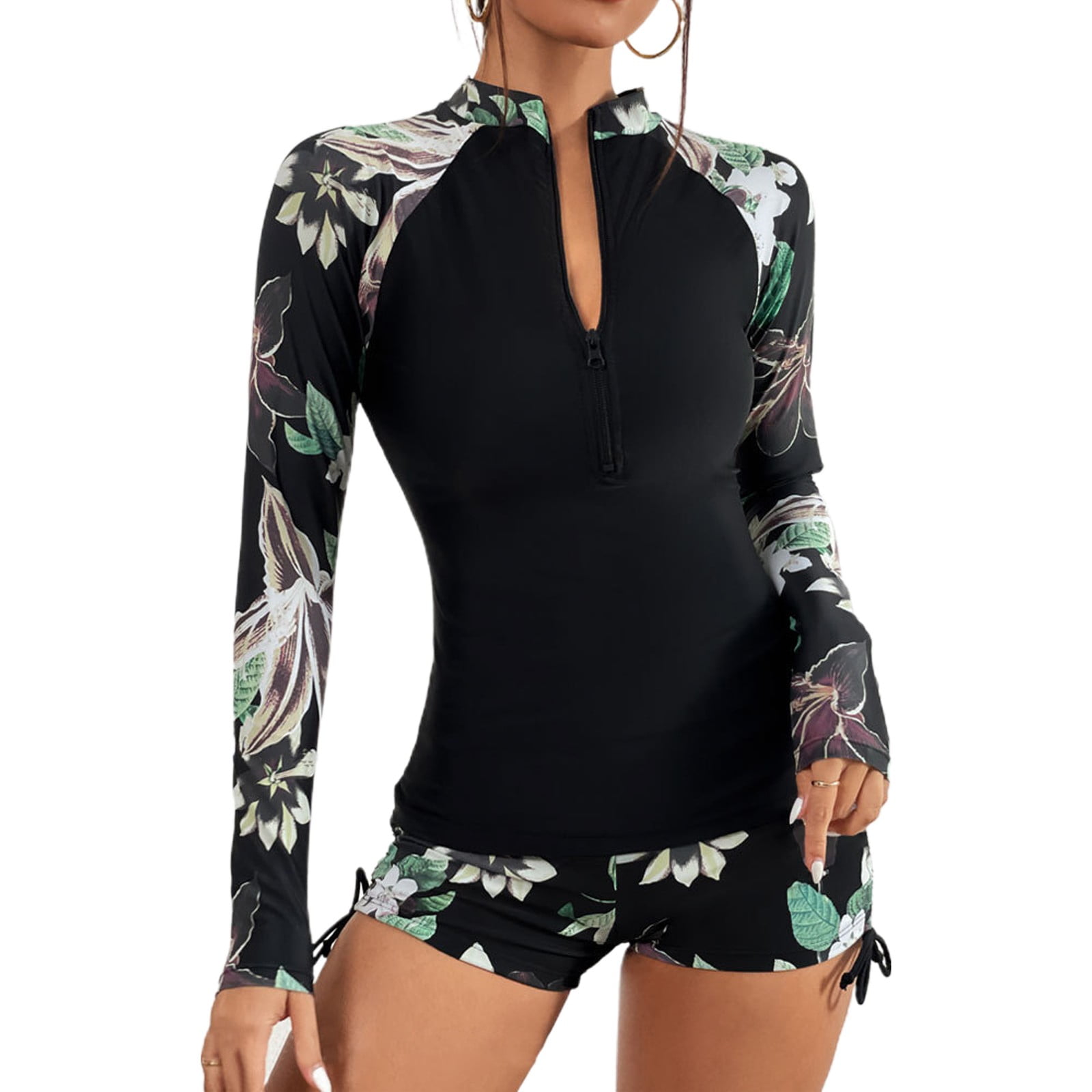 Plus Size Women Rash Guard Bathing Suit Long Sleeve Two Piece Swimsuit