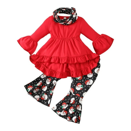 

Christmas Outfit For Baby Girls Long Sleeve Ruffles Tops Cartoon Prints Flare Pants Scarf 3PCS Outfits Casual Clothes Set For Little Kids