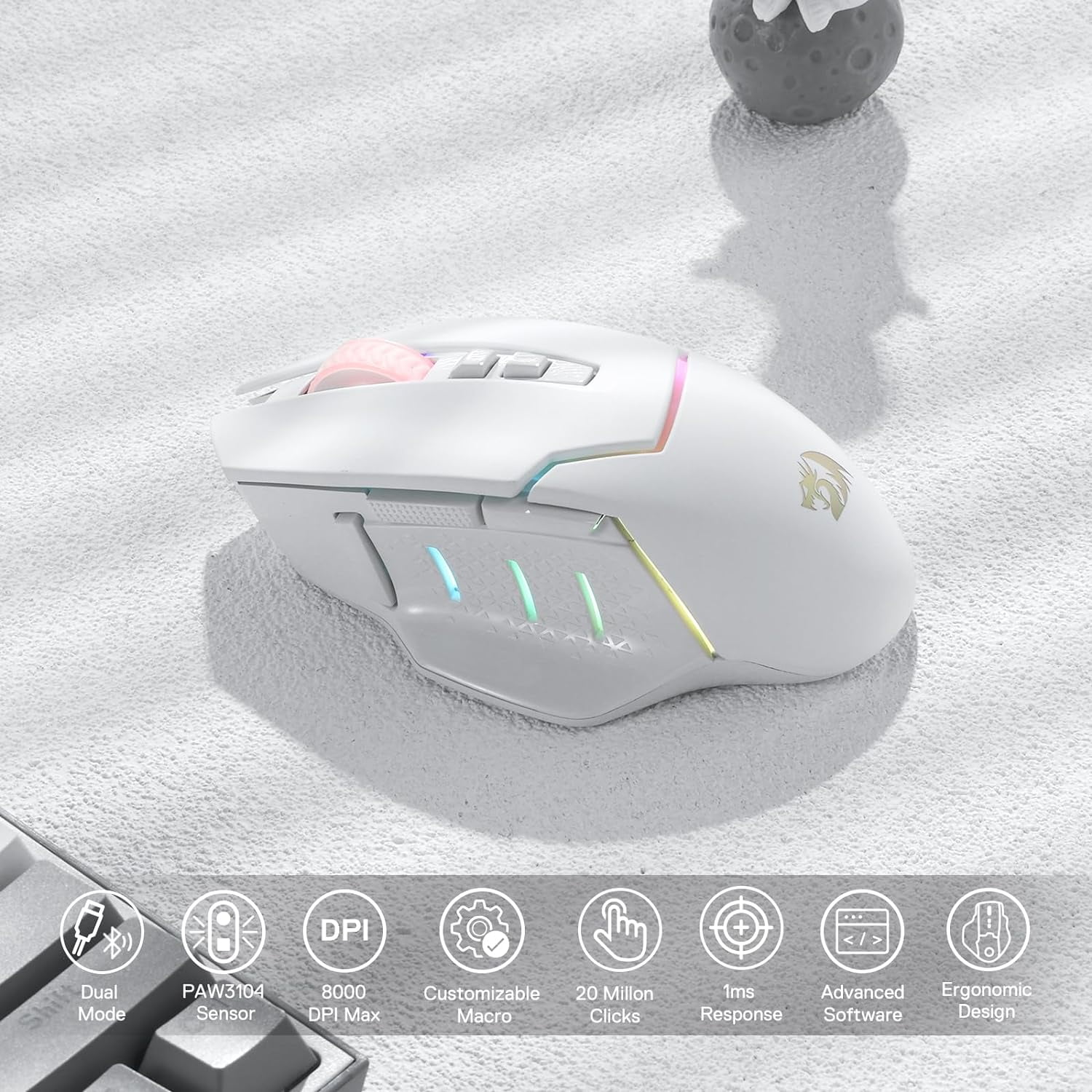 Redragon M690 PRO Wireless Gaming Mouse 8000 DPI Wired Mouse Rapid Fire Key 8 Macro Buttons for PC/Mac/Laptop, Black/White Mouse