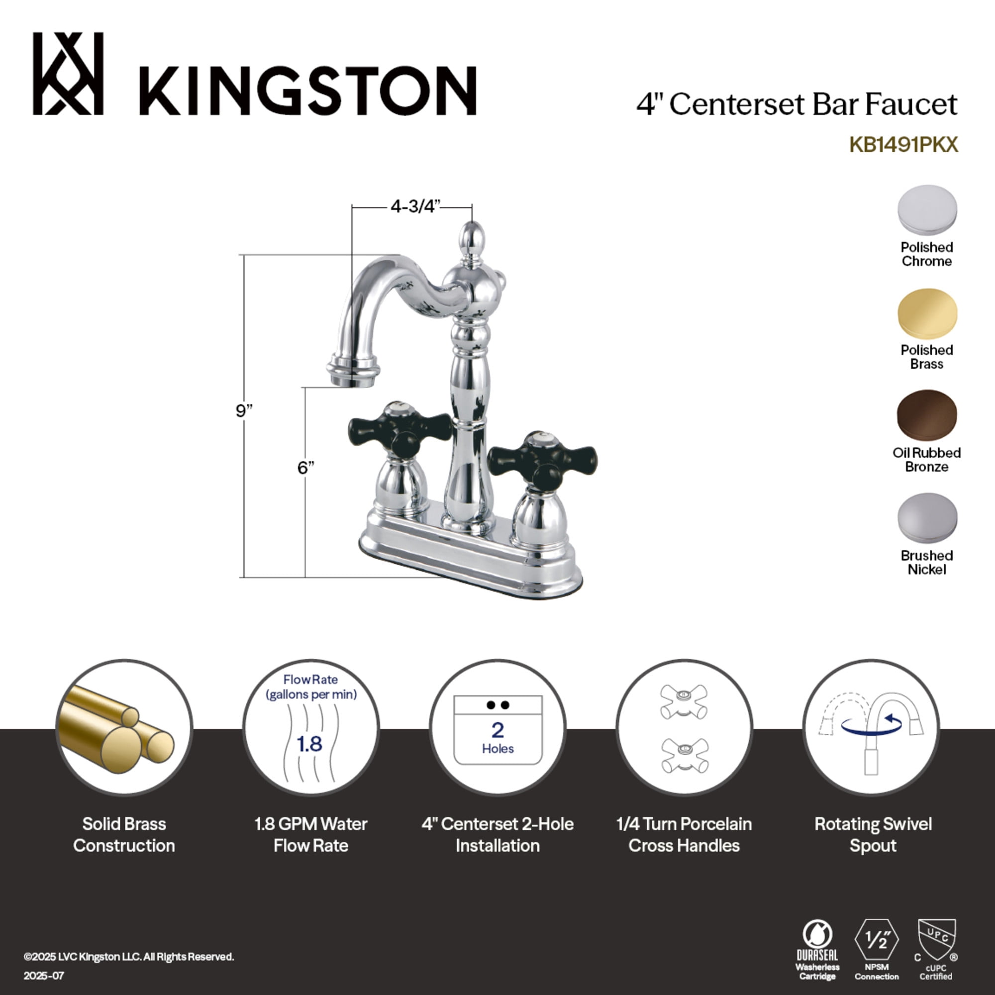 Kingston Brass KB1491PKX Duchess Two-Handle 2-Hole Deck Mount Bar Faucet in Polished Chrome