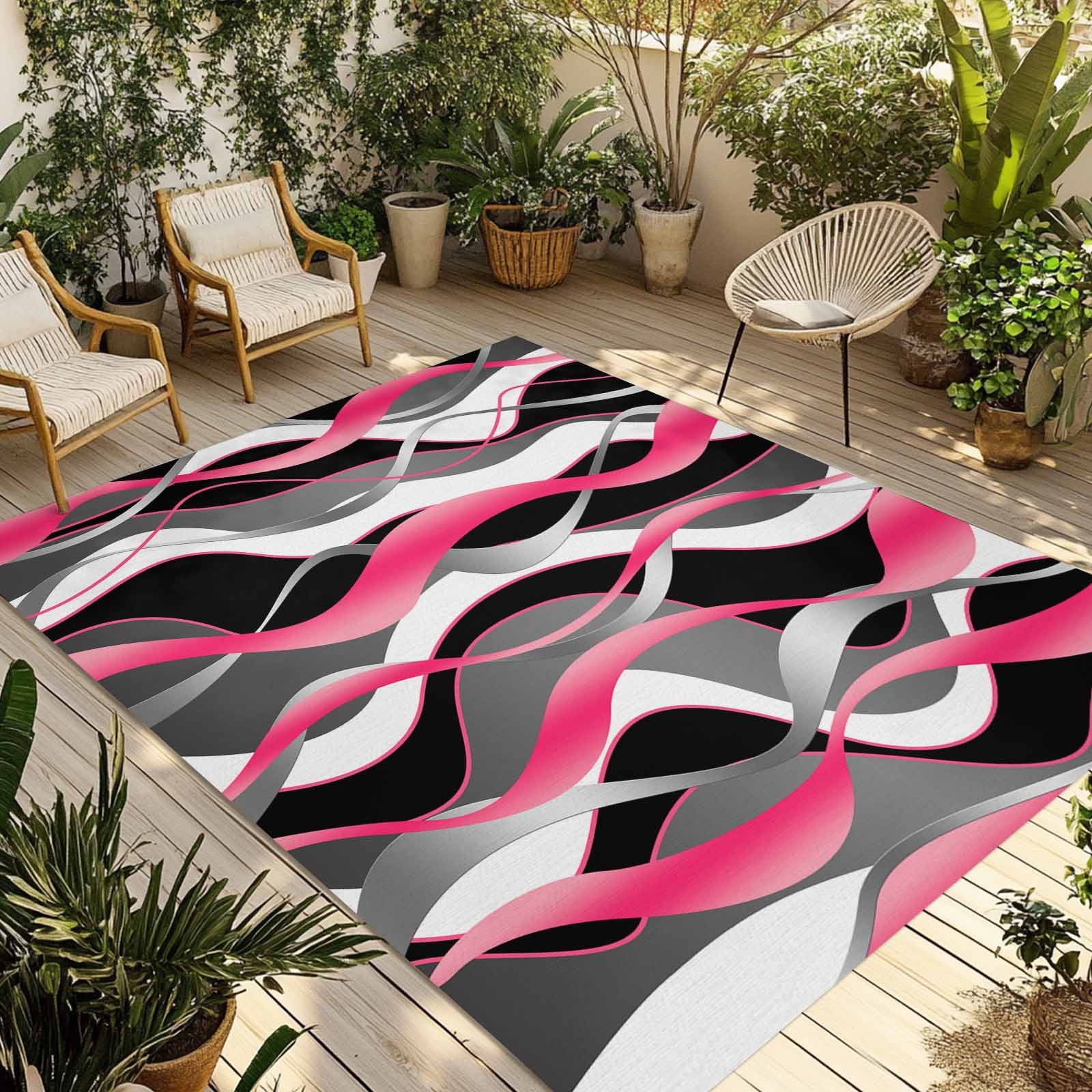 Outdoor Rug 5x8 ft Pink Black Grey Lines Waterproof Outdoor Patio Rug Mat Non Slip Outside Area Rugs Carpet for RV,Camping,Porch,Deck,Pool,Balconybackyard,Modern Abstract Stripes