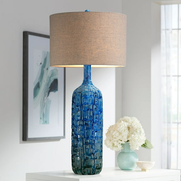 Possini Euro Design Mid Century Modern Table Lamp with Table Top Dimmer 36" Tall Teal Glaze Ceramic Tan Linen Drum for Living Room (Colors May Vary)