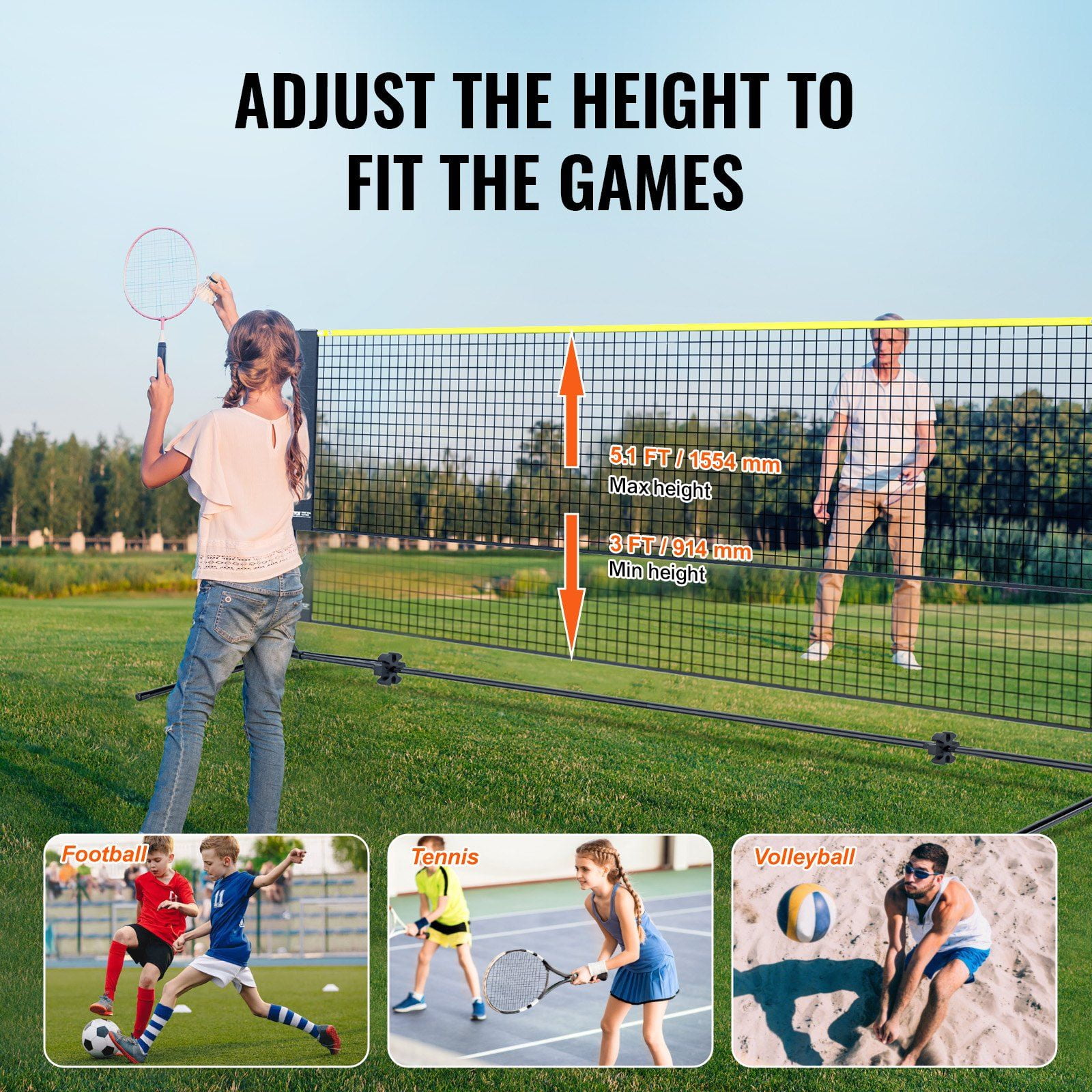 Height Adjustable Portable Badminton Volleyball Pickleball Tennis Net Set 14ft Wide Foldable with Poles Stand Carry Bag for Kids Backyard Indoor Outdoor Use