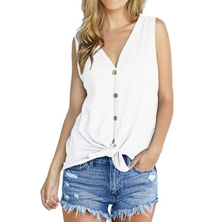 - Fysho Womens Summer Tie Knot Henley Tops Waffle Knit Tunic Blouse Loose Fitting Plain Shirts Vest