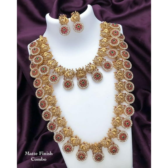 Matte Finish Temple Jewelry Set – Long & Short Lakshmi Necklace with Earrings for Women
