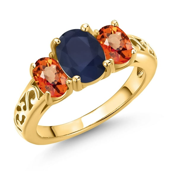 Gem Stone King 18K Yellow Gold Plated Silver Blue Sapphire and Orange Sapphire Filigree Style 3 Stone Ring for Women (2.90 Cttw, Oval 8X6MM and 6X4MM) (Size 8)