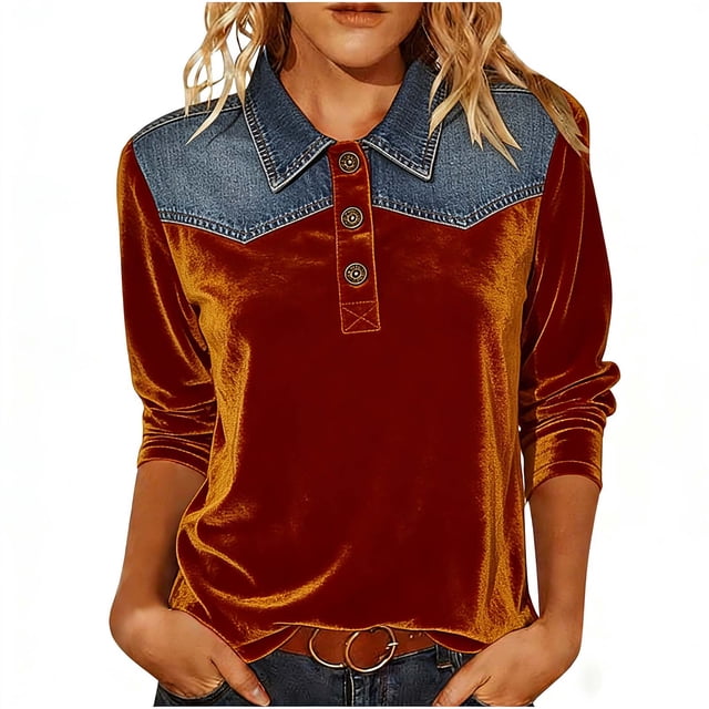 Camisetas de Manga Larga de Negocios Casual para las Mujeres Slim-Fitting Gold Velvet Denim Patchwork Pullover, Camisetas de Manga Larga de las Señoras para el Trabajo Diario de la Oficina