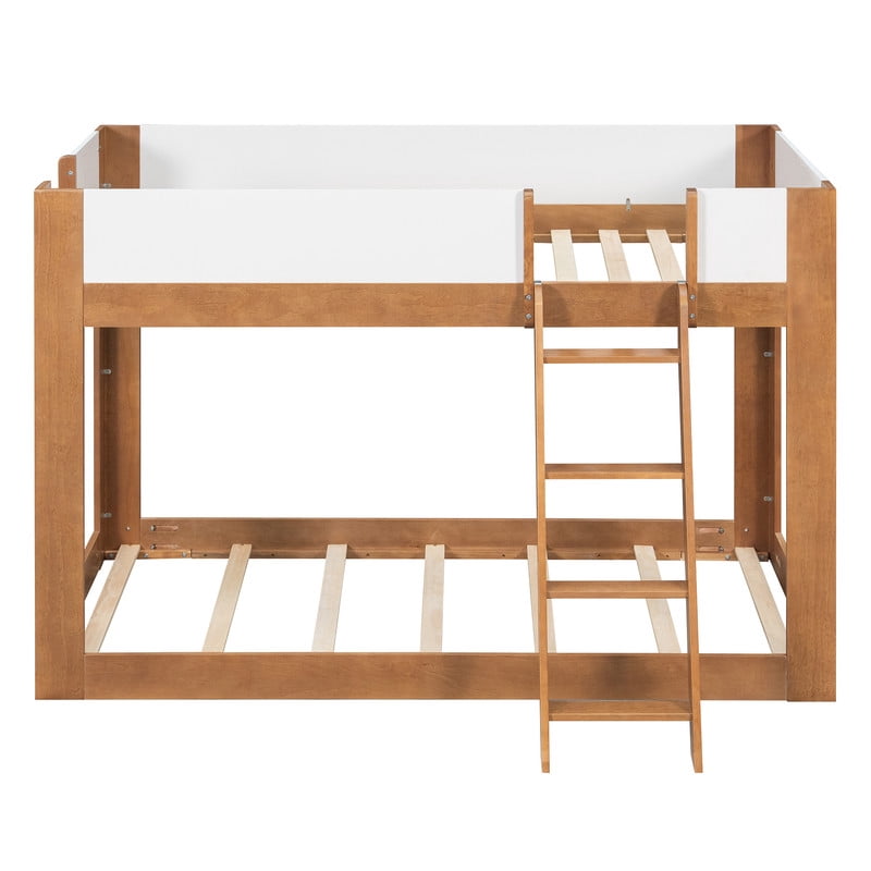 Twin-Over-Twin Low-Profile Bunk Bed with Guardrails, Wooden Kids Bed with Reversible Ladder, Accent Two-Tone Bed Frame