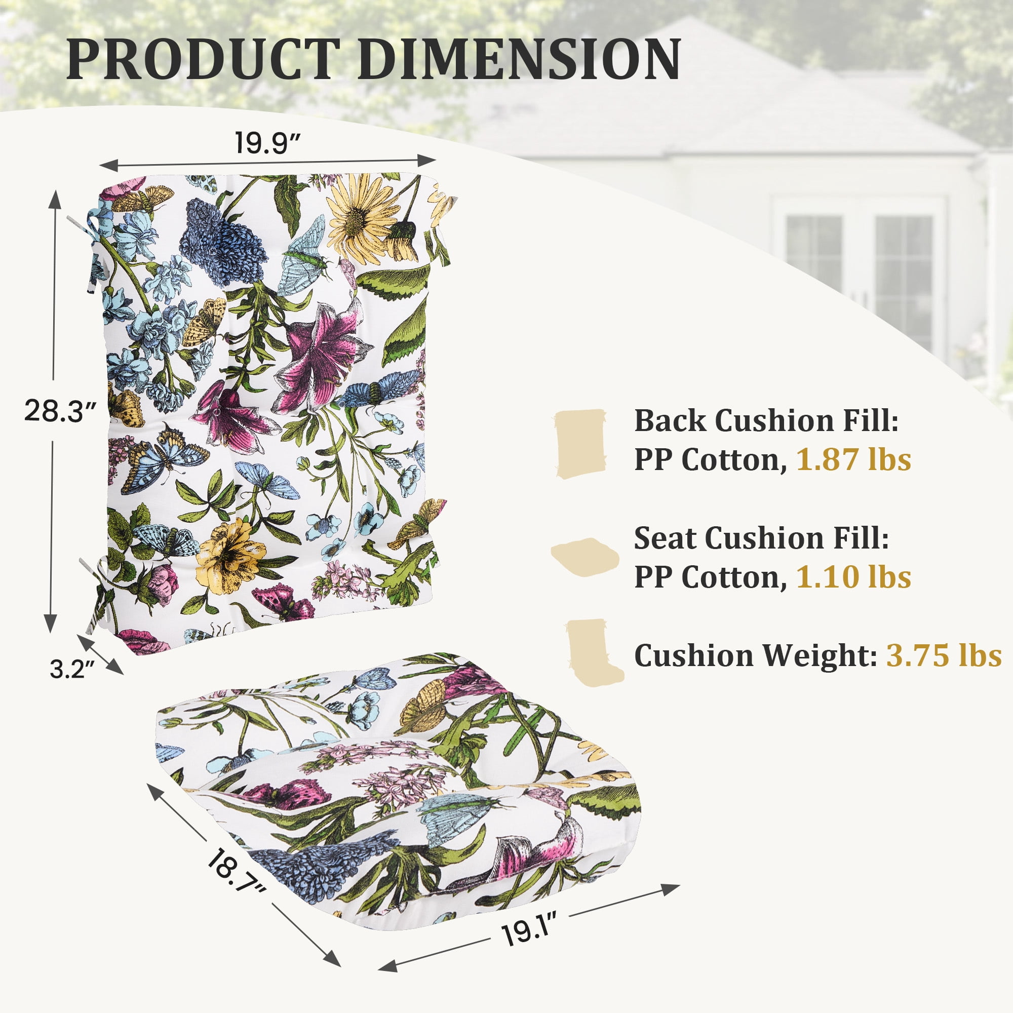 FUNDAZE Outdoor Chair Cushion, 47"L x 19.9"W 1 Piece Cushion W/ Ties for Indoor Outdoor Rocker Chairs, Flower
