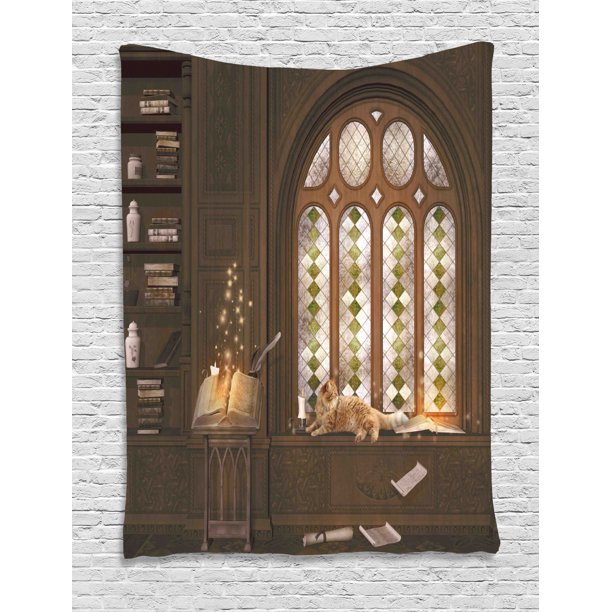 Gothic Tapestry Room For Study In The Medieval Library With Cat