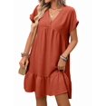 thumbnail image 3 of Women'S Short Sleeve V Neck Ruffle Hem Solid Swing Smock Dress Rust Red M, 3 of 9