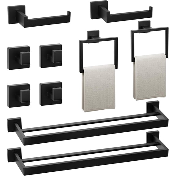 10-Pieces Bathroom Hardware Set, 23.6inch Wall Mounted Double Towel Bar Set, Towel Rack & Toilet Paper Holder & Towel Ring and Towel Hook; Bathroom Accessories Set (Matte Black)