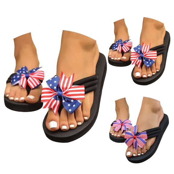 Dakaela Womens Arch Support Flip Flops Ladies Flag Bow Comfortable Yoga Mat Cushion Walking Thong Sandals for Vacation Shopping Blue 6.5