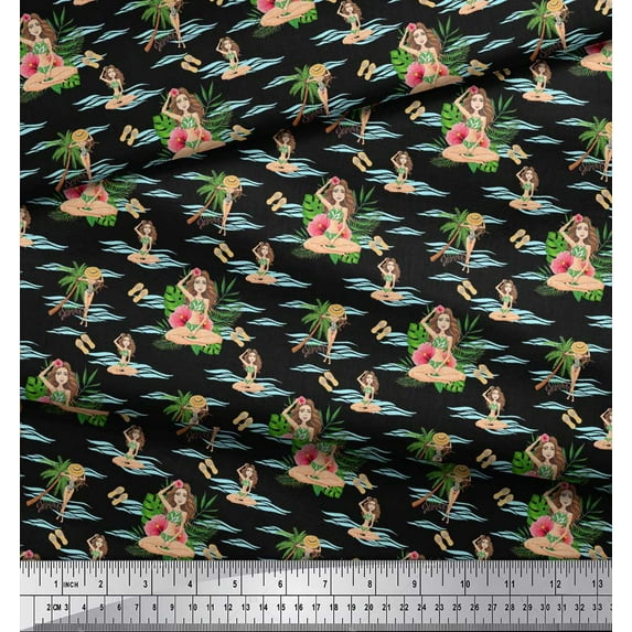 Soimoi Black Cotton Voile Fabric Palm Tree & Girl Beach Printed Craft Fabric by the Yard 56 Inch Wide