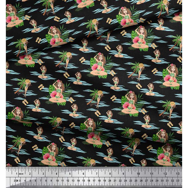 Soimoi Black polyester Crepe Fabric Palm Tree & Girl Beach Fabric Prints By Yard 52 Inch Wide