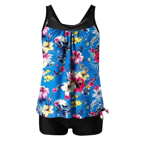 Tnhcen Women's High Waisted Floral Print Tankini Set with Padding, Modest Bikini Swimsuit for Women, Plus Size Swimsuits S - 2XL, Nylon Spandex Swimwear
