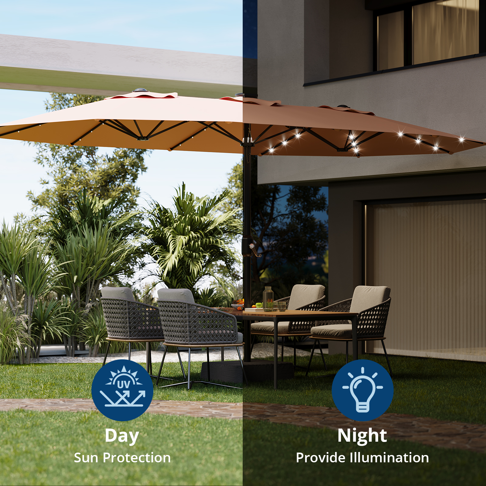 15ft Patio Umbrella with Solar Lights, Outdoor Large Umbrellas with Crank Handle and 36 LED Lights, Rectangular Market Umbrella with Base Included for Deck Pool Shade