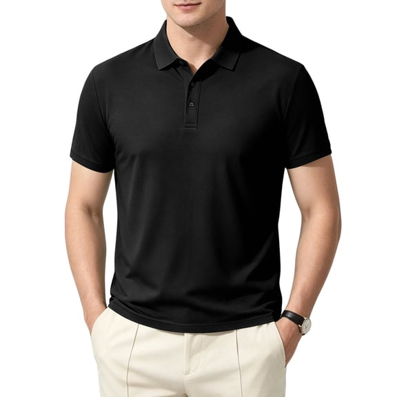 Gaukiv Men's T Shirts Collared Neckline Short Sleeve Solid Tees Summer Casual Tops Black L