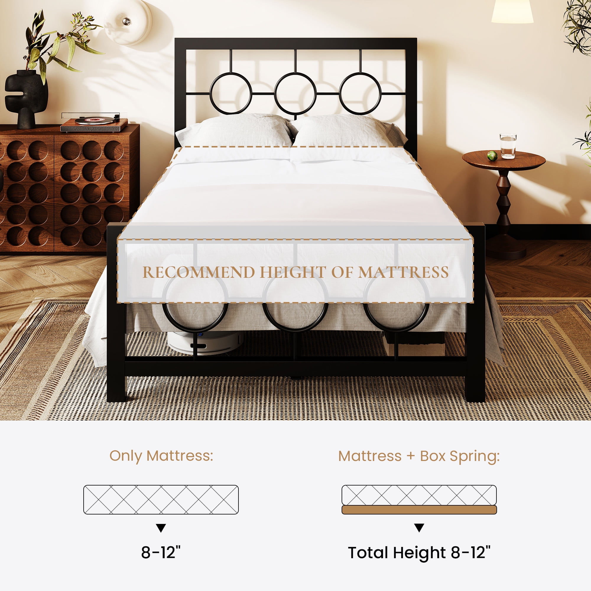 Amolife Twin Size Bed Frame, Heavy Duty Metal Platform Bed with Vintage Circular Headboard & Footboard, Black