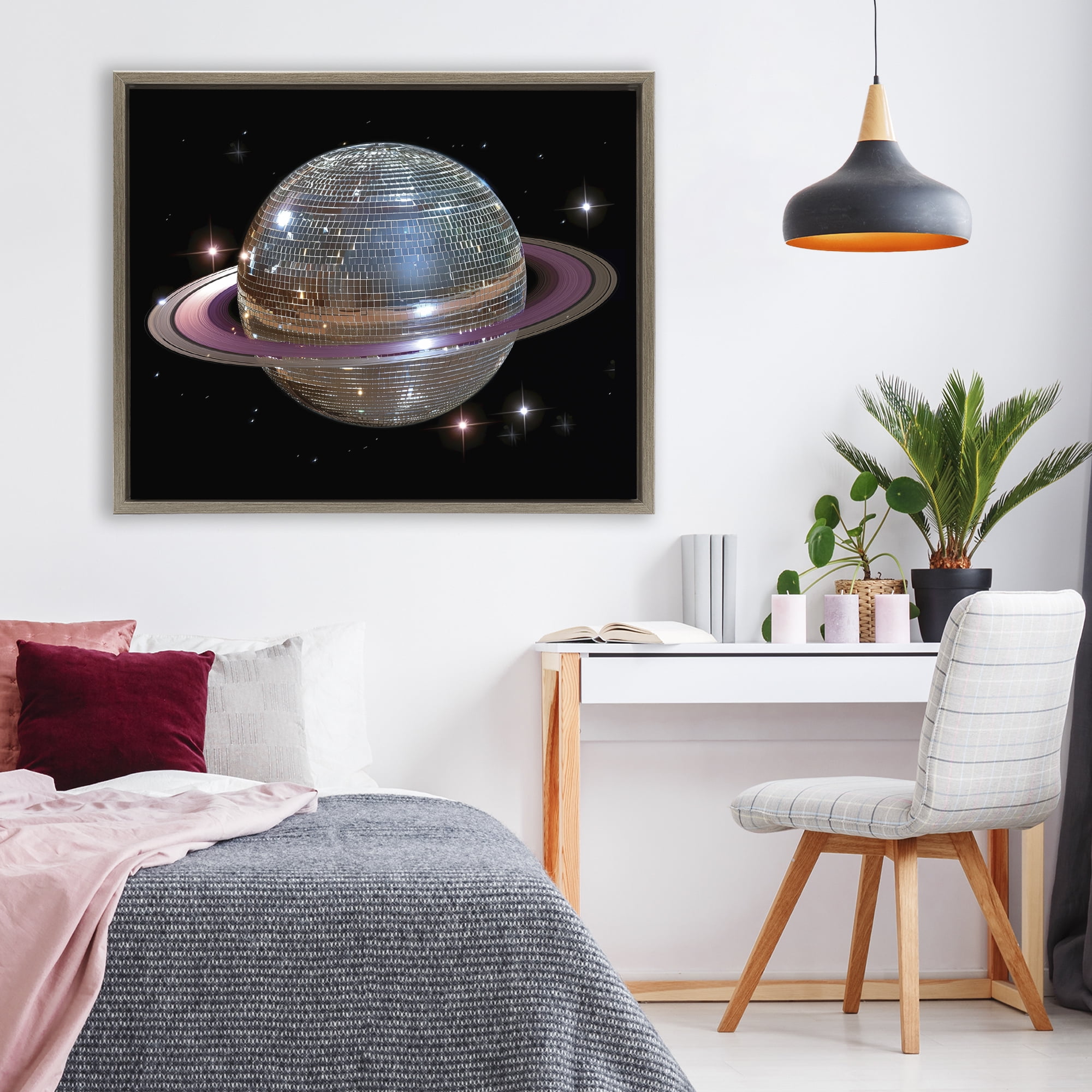 Purple Disco Ball Planet Brown Framed Floater Canvas Wall Art, design by Decent Exposures