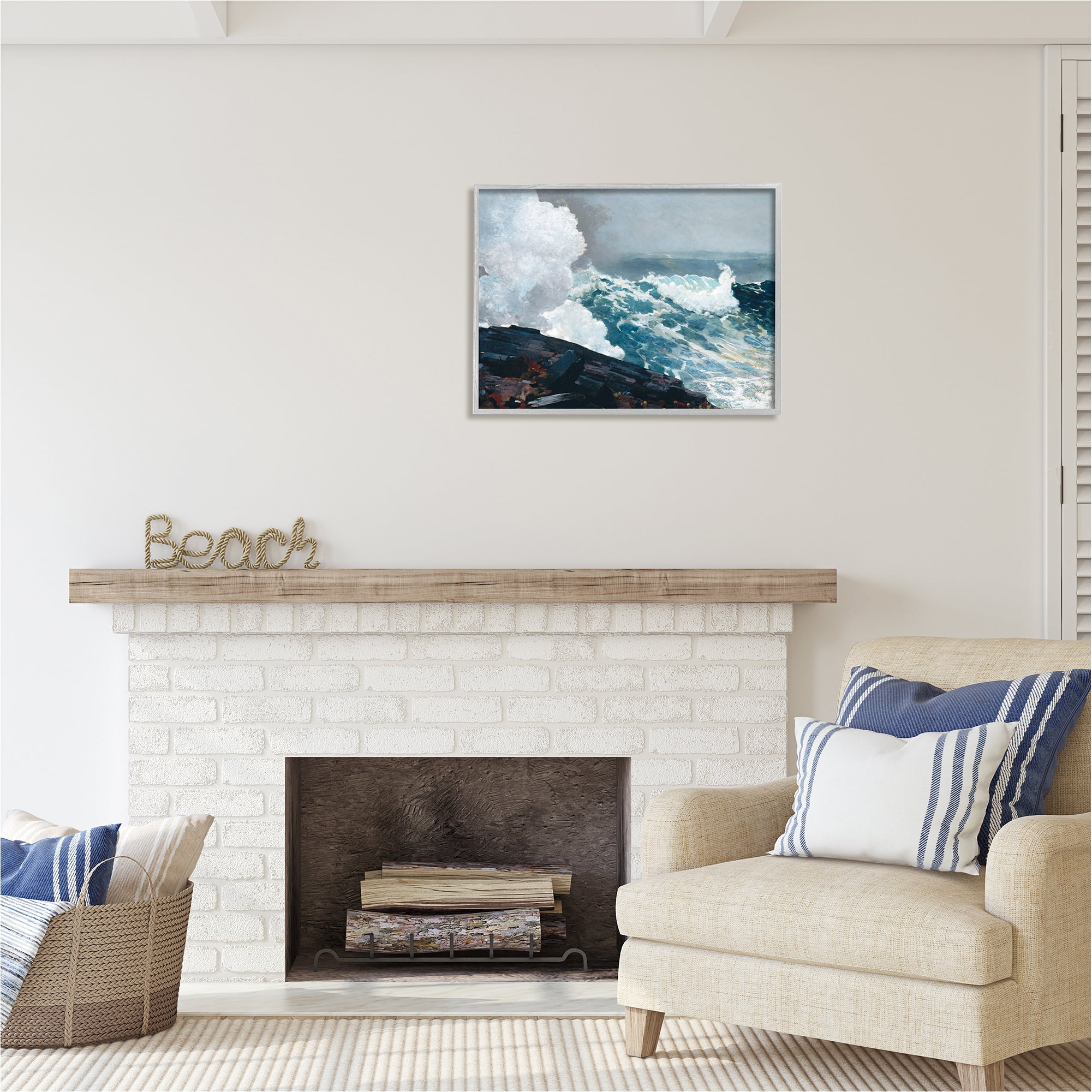 Stupell Industries Ocean Waves & Cliffs Landscape Painting Gray Framed Art Print Wall Art, 30 x 24