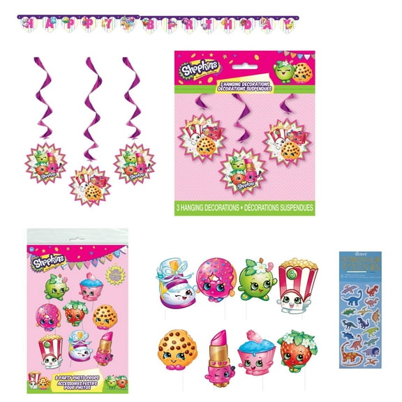 Shopkins Birthday Party Supplies Bundle includes 1 Happy Birthday Paper Banner, 3 Hanging Decoration Cutouts, 8 Party Photo Props, 1 Dinosaur Sticker Sheet