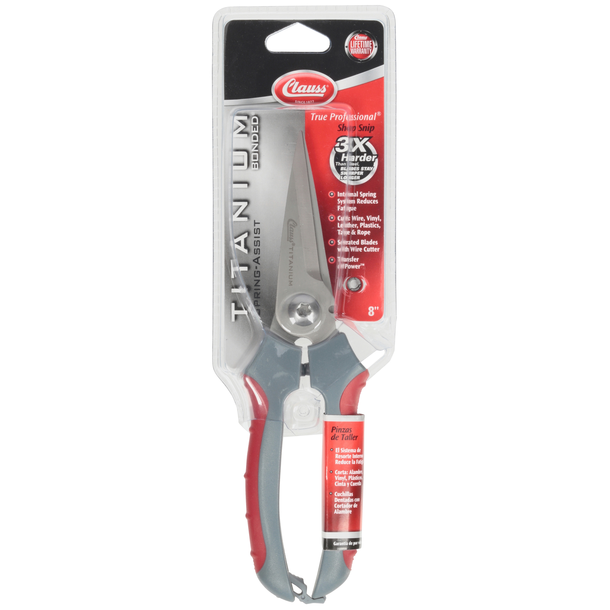 Clauss 8" Titanium Bonded Straight Micro-Serrated Snip, Hand Tool Pliers, Red and Gray - image 4 of 8