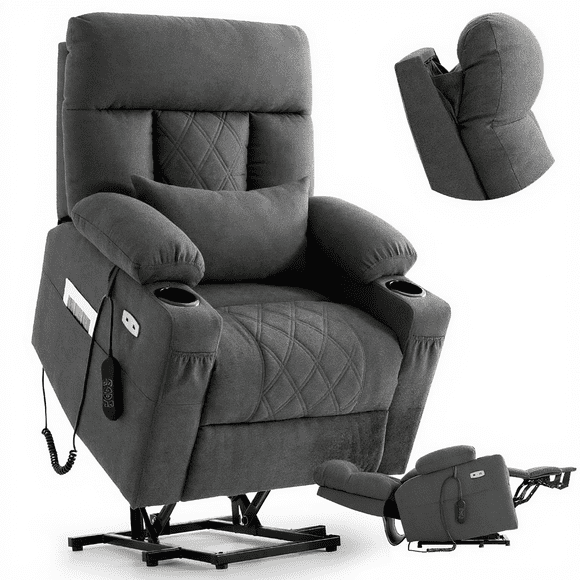TEKAMON Power Lift Recliner Chair for Elderly - Adjustable Headrest, Three Motor, Infinite Positions, Built-in Massage and Heating, USB Ports, Cup Holders - Dark Grey