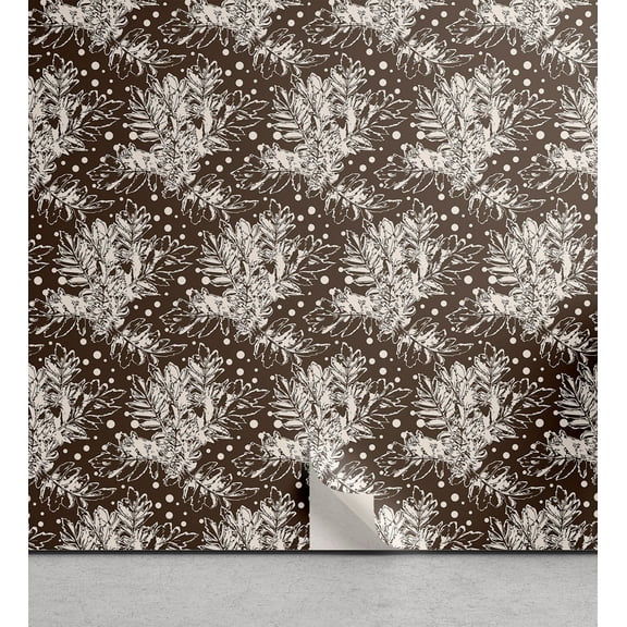 Ambesonne Botanical Peel & Stick Wallpaper for Home, Sketchy Leaves Circles, 13"x100", Dark Cocoa and White