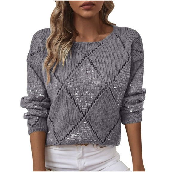 ZUKMRJPC Womens Crewneck Sweater Long Sleeve Crochet Hollow Out Trendy Sequin Knit Sweaters Fall Lightweight Loose Casual Pullover Tops