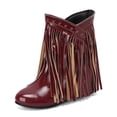 thumbnail image 2 of Bottes Mi-Mollet Larges à Longues Franges pour Femmes avec Talons Compensés Cachés Boho à Franges en Cuir Bout Rond Bottines Courtes Habillées, 2 of 6