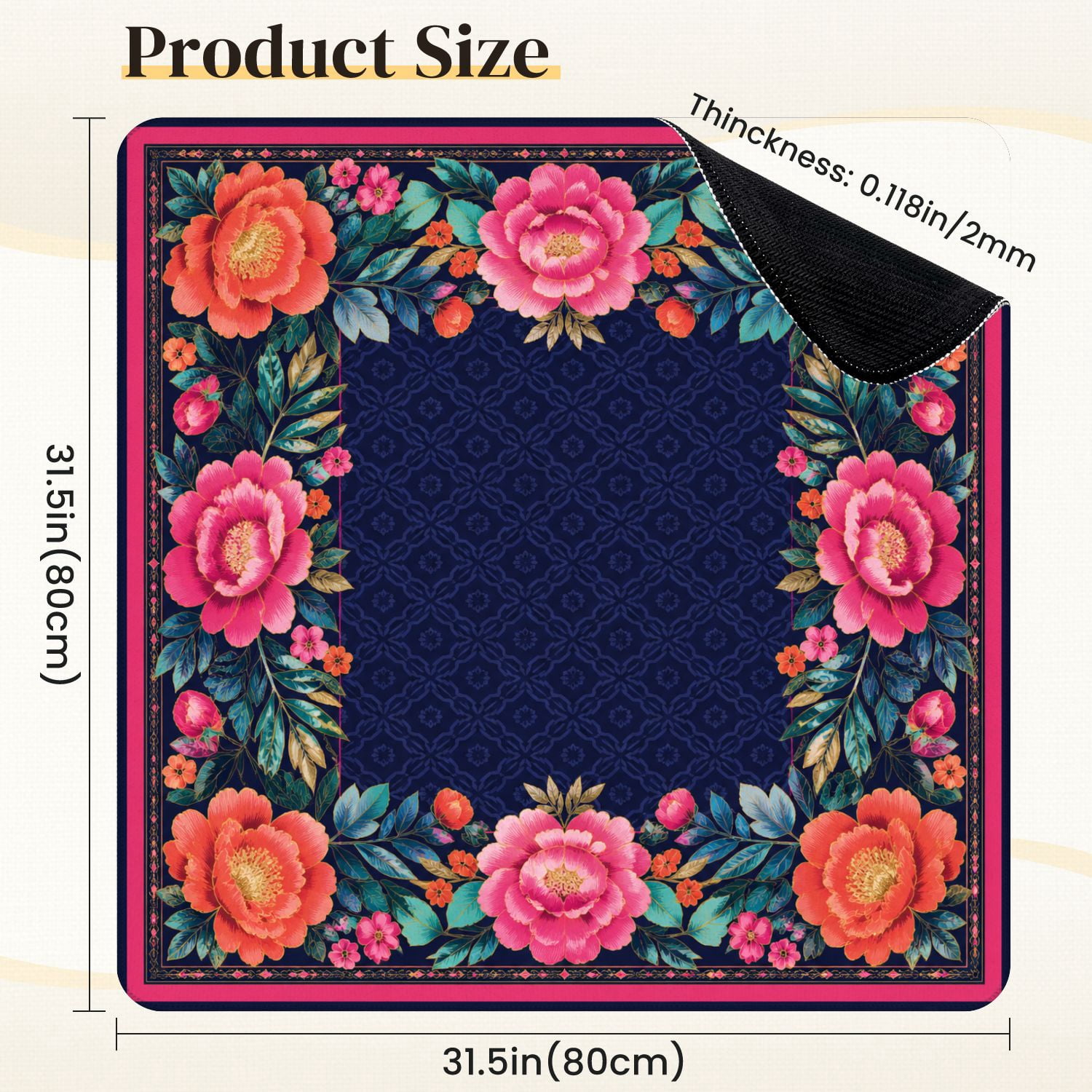 Mahjong Mat 31.5" x 31.5" Floral Vibrant Pink Orange Peonies Dark Blue Non-Slip Noise Reduction Mahjong Tiles Table Cover for Dominoes Poker Card Board and Tile Games