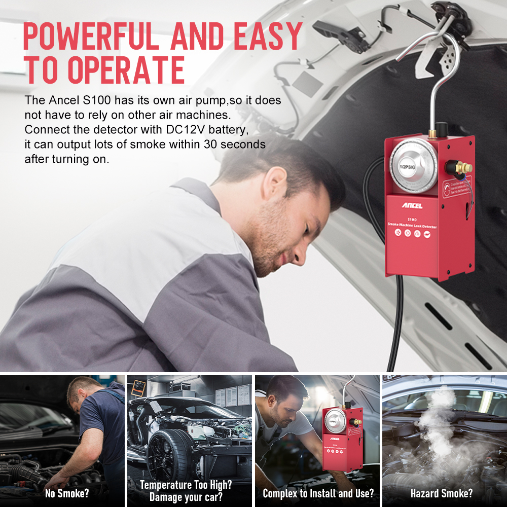 Ancel S100 Automotive Smoke Machine Car Leak Detector Vacuum Smoke Tester All Pipe Leakage Locator Diagnostic Tool EVAP Smoke Test No Air Pump Smoke Mode for 12V Automotive Truck Motorcycle Boat