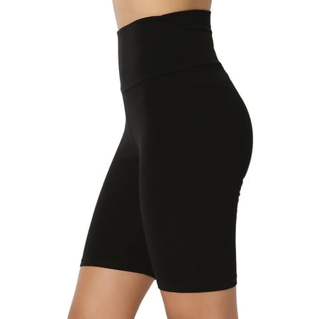 High Waist Bike Short - TheMogan Women's Mid Thigh Cotton Span High Waist Short Leggings Black M