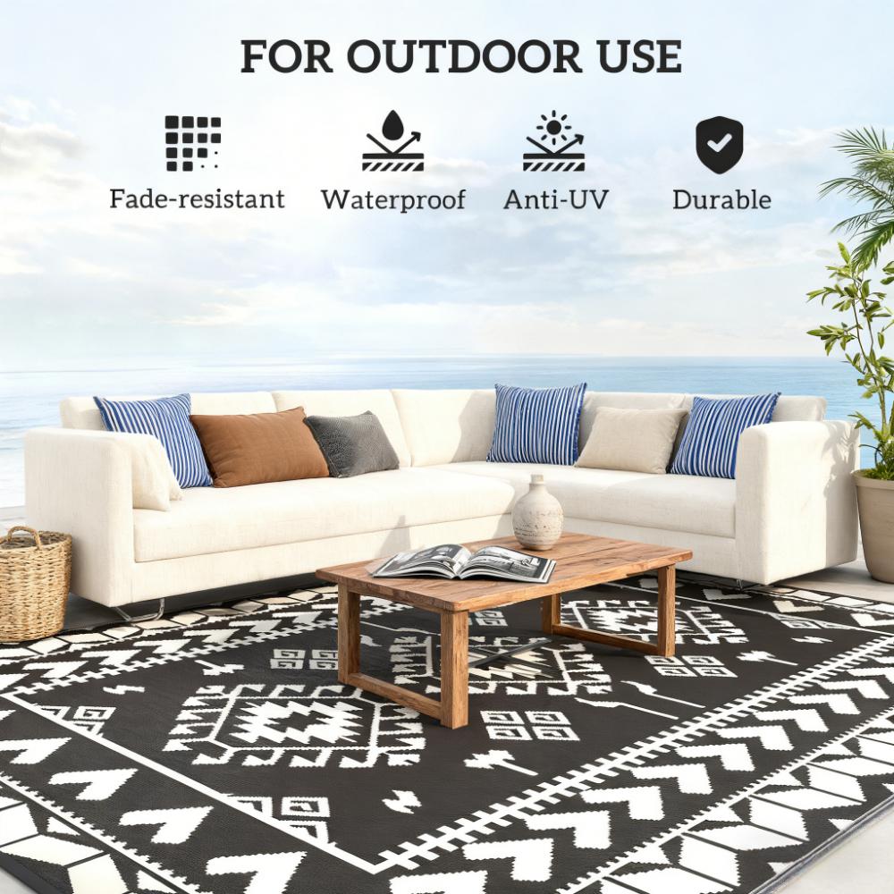 8' x 10' Black & White Rhombus Patchwork Reversible Outdoor Rug, Waterproof Patio Camping Mat with Carry Bag, Foldable Portable Indoor Outdoor RV Carpet